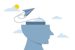 Concept of creative mindset, thinking of solutions to problems, emotional intelligence or passion for success, human head with brain lines as imagination to launch a paper plane into the clouds. vector