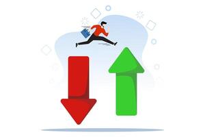 Concept of Financial Plan, savings and investment or stock market rebound and economic recovery, businessman investor confidence soaring from red arrow pointing to green. flat vector illustration.