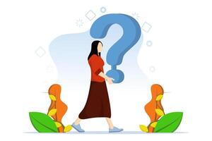 Concept In business questions, doubts, problem solving or ideas and creativity to answer and persist in uncertainty concept, businesswoman holding a big question mark and thinking about solutions. vector