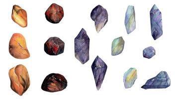 Hand drawn watercolor illustration precious jewel gem crystal chakra birth stone. Amber garnet amethyst moonstone fluorite. Set of objects isolated on white background. Design poster, jewelry, fashion vector