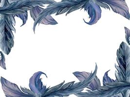 mano dibujado acuarela pájaro pluma penacho pluma boho tribal étnico indio azul. horizontal marco aislado en blanco antecedentes. diseño encanto, amuleto, atrapasueños, álbum de recortes, hecho a mano artesanía, tatuaje vector
