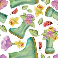 mano dibujado acuarela ilustración primavera jardinería, caucho Wellington botas con flores y hojas, mariquita. sin costura modelo aislado blanco antecedentes. diseño imprimir, comercio, álbum de recortes, embalaje vector