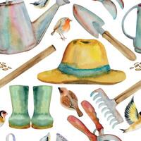 Hand drawn watercolor illustration spring gardening tools, rake shovel watering can, hat rubber boots, birds. Seamless pattern isolated on white background. Design print, shop, scrapbooking, packaging vector