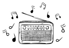 Radio with notes vector illustration. Hand drawn linear sketch of FM tuner painted by black inks. Drawing of old retro media equipment in outline style. Engraving of sound receiver for broadcast