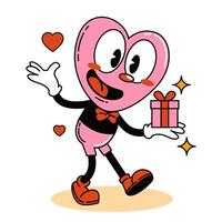 San Valentín día. dibujos animados corazón en amor. gracioso rosado corazón con un regalo vector
