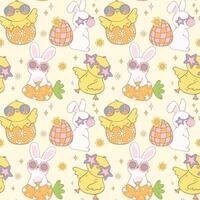 Groovy Easter Pattern Seamless retro disco bunny and chick Playful animal doodle drawing isolated on background. vector