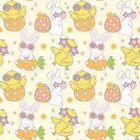 Groovy Easter Pattern Seamless retro disco bunny and chick Playful animal doodle drawing isolated on background. vector