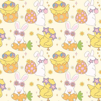 Groovy Easter Pattern Seamless retro disco bunny and chick Playful animal doodle drawing isolated on background.