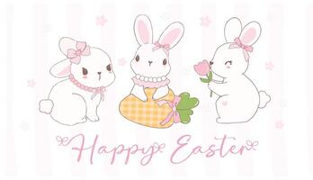 Cute Coquette Easter bunnies wear bow Cartoon banner, sweet Retro Happy Easter spring animal. vector
