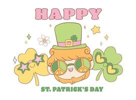 Groovy st patrick's day, happy leprechaun face and clover leaves shamrock cartoon doodle drawing. vector