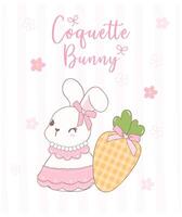 Cute Coquette bunny with bow and carrot Cartoon, sweet Retro Happy Easter spring animal. vector