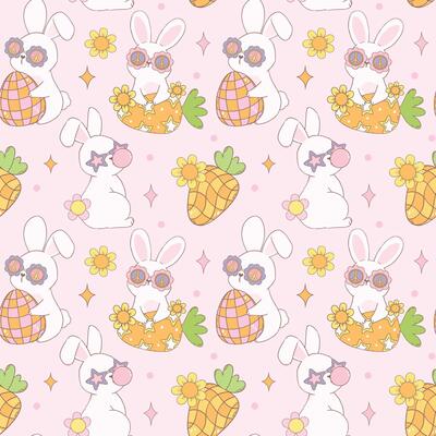Groovy Easter Pattern Seamless retro disco bunny Playful animal doodle drawing isolated on background.