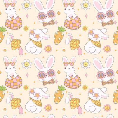 Groovy Easter Pattern Seamless retro disco bunny Playful animal doodle drawing isolated on background.