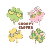 Groovy st patrick's day, cute disco 4 and 3 leaf clover cartoon doodle drawing. vector
