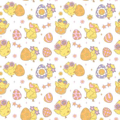 Festive Groovy Easter Pattern Seamless retro Chick collection in Playful animal doodle drawing isolated on white background.