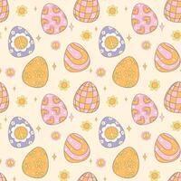 Festive Groovy Easter Pattern Seamless retro Easter Eggs in retro doodle drawing isolated on background. vector