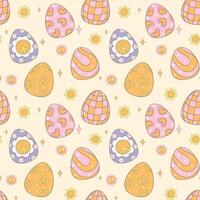 Festive Groovy Easter Pattern Seamless retro Easter Eggs in retro doodle drawing isolated on background. vector