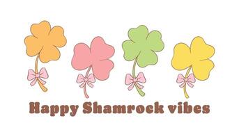 Groovy st patrick's day banner with colorful shamrock clover leaf cartoon doodle drawing. vector