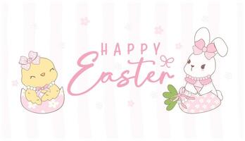 Cute Pink Coquette Easter bunny and Chick with Easter eggs Cartoon banner, sweet Retro Happy Easter spring animal. vector