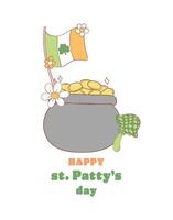 Groovy st patrick's day, pot of coin with clover leaf flag cartoon doodle drawing. vector