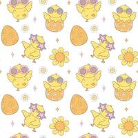 Festive Groovy Easter Pattern Seamless retro Chick collection in Playful animal doodle drawing isolated on white background. vector