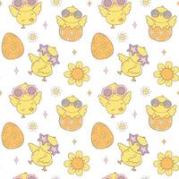 Festive Groovy Easter Pattern Seamless retro Chick collection in Playful animal doodle drawing isolated on white background. vector