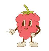 Cute raspberry mascot vector illustration. Funny retro cartoon berry fruit character on white background.