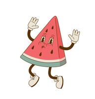 Comic mascot of watermelon vector illustration. Funny retro cartoon fruit character. Groovy style.