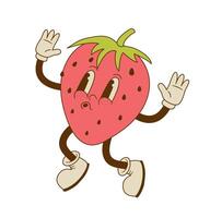 Vintage mascot of strawberry isolated on white background. Jumping retro cartoon berry fruit character vector illustration. Healthy vegan food