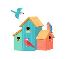 Cartoon colorful bird house with the birds vector illustration. Hello spring background.