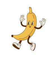 Vintage smiling banana mascot vector illustration. Happy retro cartoon tropical fruit character. Groovy style.