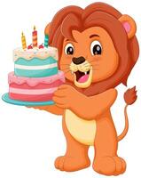 Cute Lion Cartoon Holding Birthday Cake Vector Illustration. Animal Nature Icon Concept Isolated Premium Vector