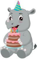 Cute Rhinoceros Cartoon Holding Birthday Cake Vector Illustration. Animal Nature Icon Concept Isolated Premium Vector