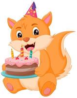 Cute Cat Cartoon Holding Birthday Cake Vector Illustration. Animal Nature Icon Concept Isolated Premium Vector