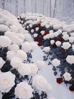 blanco rosas en un nieve antecedentes foto