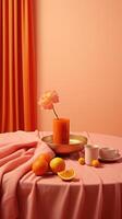 AI generated Orange Aesthetic with Citrus and Flower on Elegant Drapery. Background for Instagram Story, Banner photo