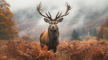 ai generado un real ciervo poses antes de un montañoso paisaje foto