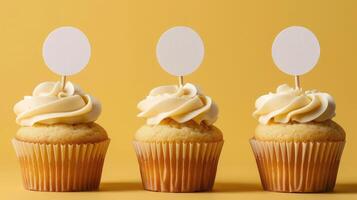 AI generated Vanilla Cupcakes with Blank Topper Mockup Display photo