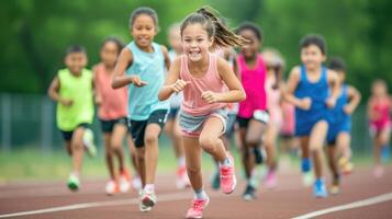 ai generado joven niños carreras en pista, lleno de alegría y energía. foto