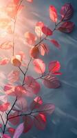 ai generado radiante rojo hojas en contra temperamental azul botánico fondo. antecedentes para instagram historia, bandera foto