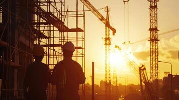 AI generated Construction Engineers Overlooking Site at Sunset Silhouette. photo