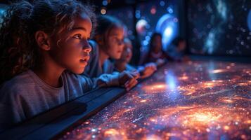 AI generated Young Child Mesmerized by Cosmic Exhibit at Modern Museum. photo