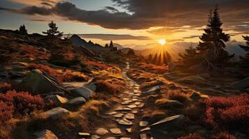 AI generated Golden Sunset Rays Over Mountain Trail Amid Autumn Foliage photo