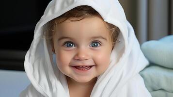ai generado sonriente bebé envuelto en blanco toalla de cerca retrato foto
