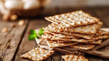 ai generado rústico Pascua ajuste con apilado matzá en de madera mesa. foto