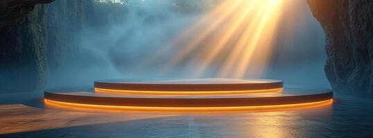 AI generated Warm Glow Circle Podium in Stylish Modern Interior. photo