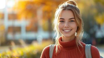 AI generated Smiling Teen Girl Student Enjoying Sunny College Park Walk. photo