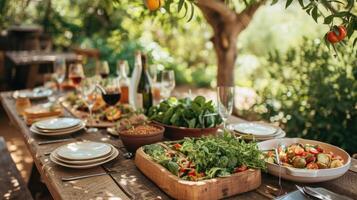 ai generado vistoso de la granja a la mesa banquete en rústico de madera mesa foto