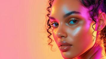 AI generated Striking Woman Portrait with Vibrant Neon Lighting photo
