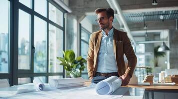 AI generated Male Architect Reviews Blueprints in Sunlit Office. photo